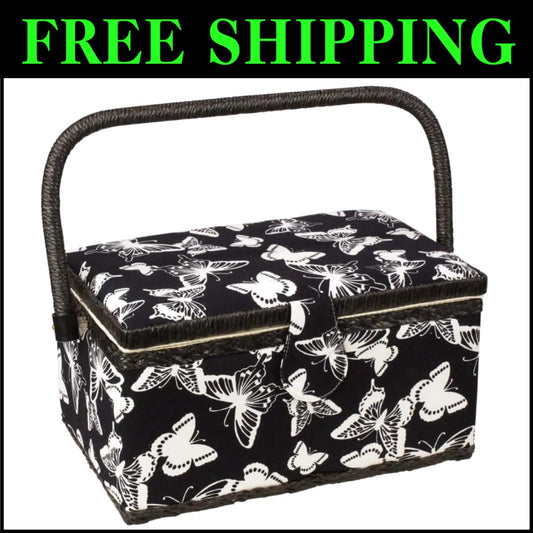 Charming Floral Sewing Basket with Interior Pocket & Compartmental Tray - 11"x7"