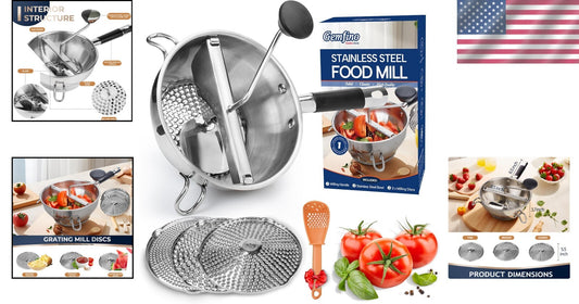 Durable Stainless Steel Food Mill with Three Milling Discs & Non-Slip Design