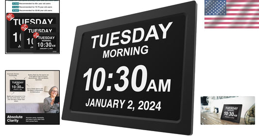 Dementia Clock 2025: 12-Inch Large Digital Display with Custom Alarms in Black