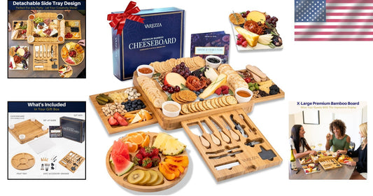 Extra Large Marble & Bamboo Charcuterie Board Set - 27 Entertaining Accessories