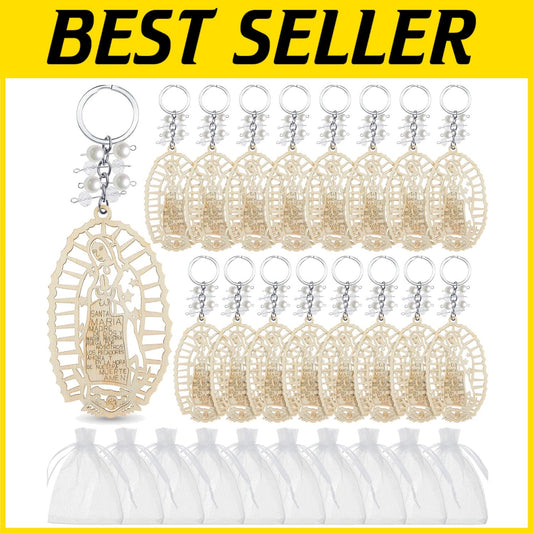 Set of 50 Our Lady of Guadalupe Wood Keychains in Organza Bags for Baptism