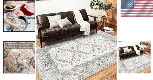 Boho Chic Washable Area Rug 5x7 - Non-Slip Medallion Design for Modern Homes