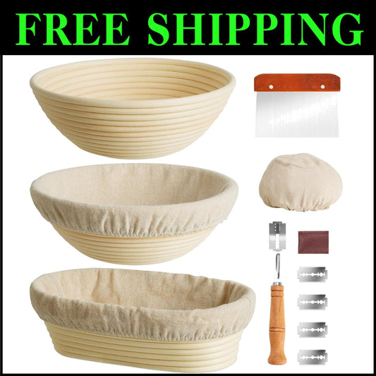 Artisan Bread Making Set: Rattan Proofing Baskets and Metal Scraper Included