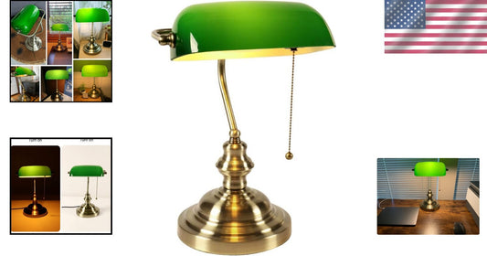 Classic Banker Desk Lamp - Adjustable Green Glass Shade with Pull Chain Switch