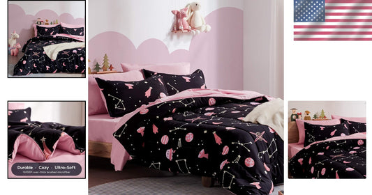 Cute Pink Galaxy Kids Twin Bedding Comforter Set - 5-Piece Ultra-Soft Collection