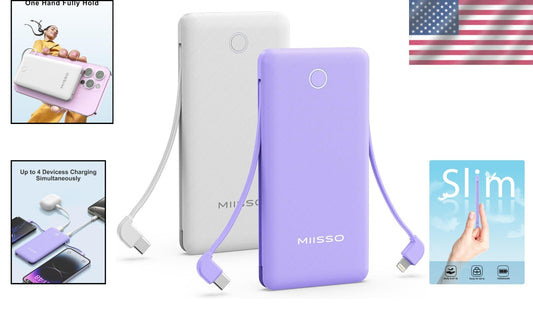 Dual-Pack 10000mAh Slim Power Bank with Built-in Cables, Travel Ready & Stylish