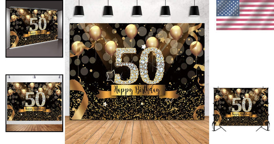 Elegant 10x8ft Glittering 50th Birthday Photography Backdrop with Gold Balloons