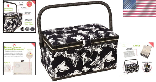 Charming Floral Sewing Basket with Interior Pocket & Compartmental Tray - 11"x7"