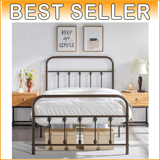 Classic Bronze Twin Bed Frame with Storage and High Headboard for Modern Living