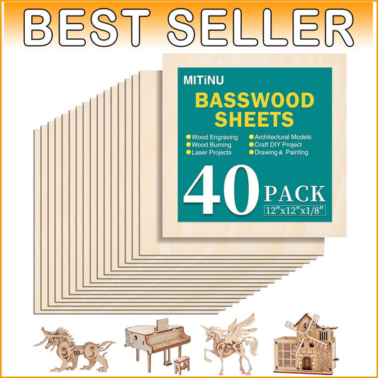 12"x12" Basswood Craft Sheets - 40 Pack for Laser Cutting & Wood Burning