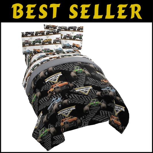 Exciting Monster Truck Full Bed Set - Comforter & Sheets for Kids’ Rooms