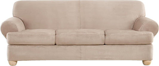Adjustable Heavyweight Stretch Suede Slipcover in Cement - Cozy 3-Piece Set