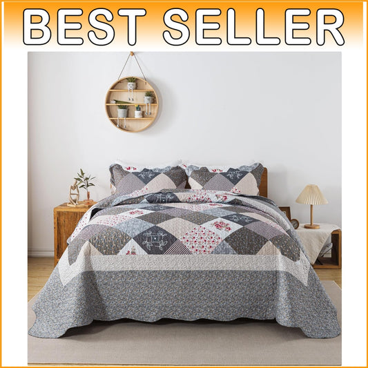 All-Season Grey King Quilt Set - Lightweight Floral Bedspread with Pillow Cases