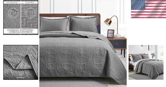 California King Coin Pattern Quilt Set - Soft Grey 3-Piece Bedding Ensemble