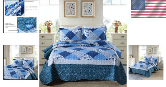 Lightweight Microfiber 3-Piece King Quilt Set with Floral Patchwork and Shams