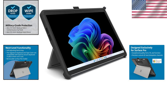 Elegant Black Rugged Case for Surface Pro 9/10/11 with Hand Strap & Pen Holder