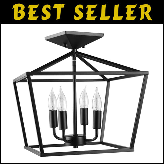 Modern Industrial 4-Light Ceiling Fixture with Flame Tip Edison Bulbs Included