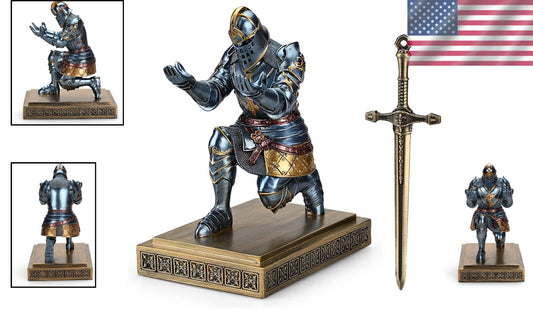 Unique Blue Knight Desk Organizer - Perfect Pen Holder with Sword Letter Opener