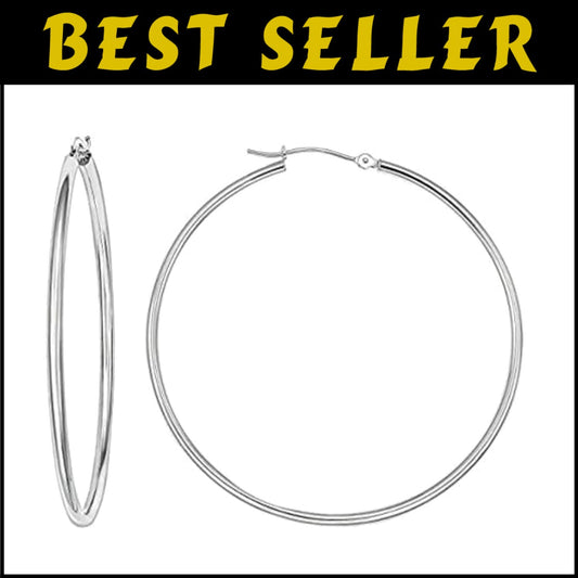 Stunning 14k White Gold 1.8 Inch Round Hoop Earrings with Click-Top Closure