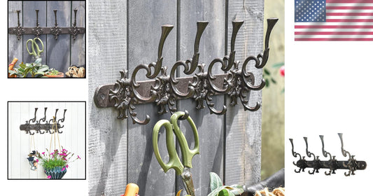 Antique Finish Cast Iron Wall Rack with 12 Hooks - Perfect for Home Organization