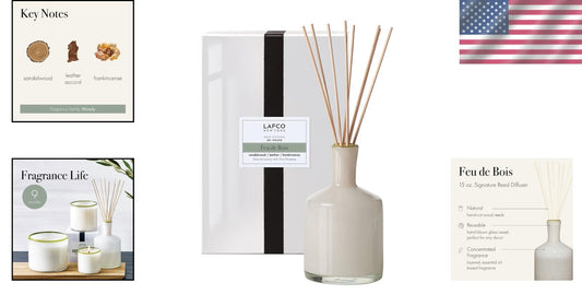 15 oz Reed Diffuser - Feu de Bois Scent in Reusable Glass Vessel, 9 Months