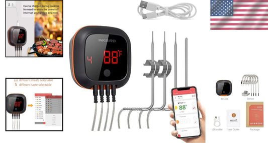Digital BBQ Meat Thermometer - Bluetooth, 4 Probes, Timer, 150 ft Wireless Range