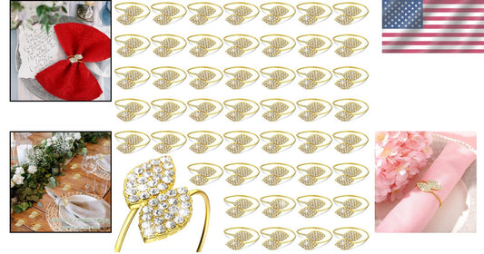 100 Pcs Gold Napkin Rings Set with Rhinestone Leaf Design for Elegant Tables