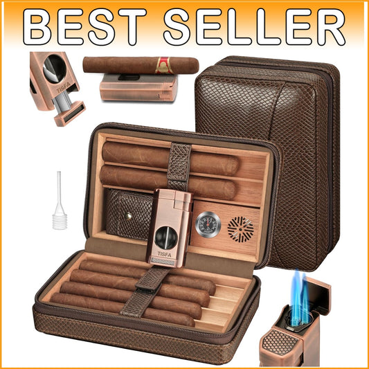 Cigar Travel Humidor Gift Set with Lighter, Humidifier & Hygrometer Included