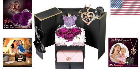 Charming Gift Set for Mom: Roses, Bear, and I Love You Necklace in Rose Gold