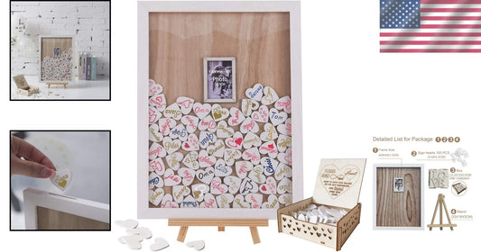 Art Deco Wedding Guest Book Frame with Natural Finish and Signing Hearts