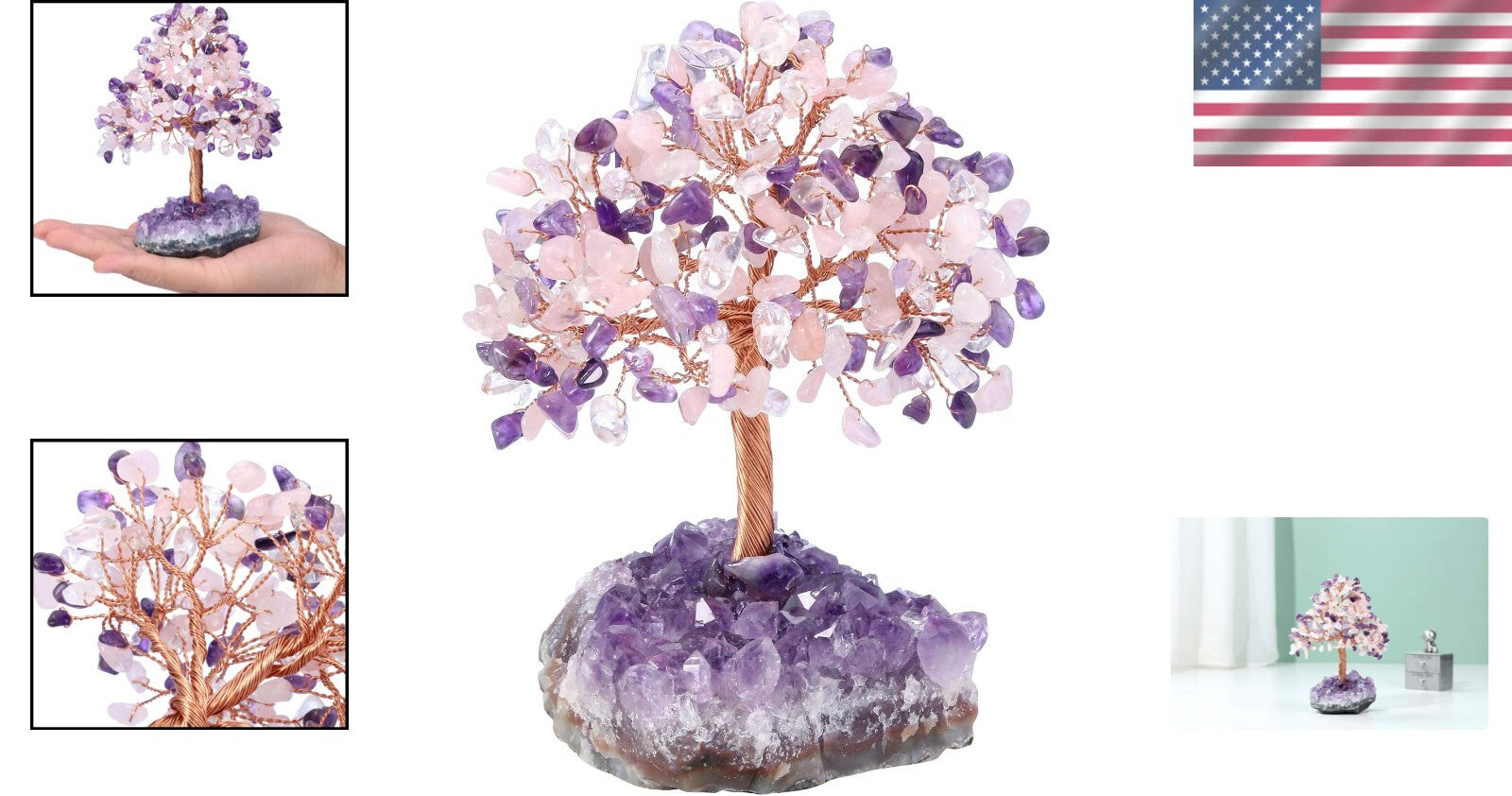 Feng Shui Crystal Money Tree - Rose Quartz, Amethyst, Clear Quartz Design