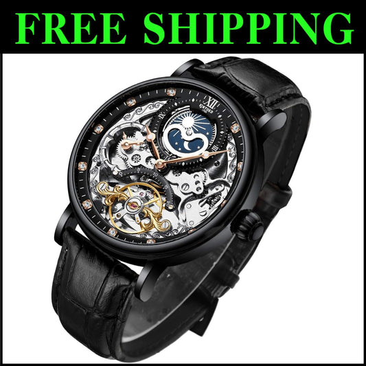 Men's Luxury Skeleton Automatic Watch with Luminous Hands & Moon Phase – Elegant