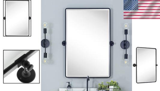 Beveled Rectangular Black Metal Framed Bathroom Mirror - 30x20" Tilting Design
