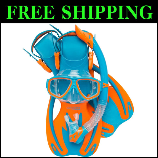 Blue/Orange Rocks Kids Snorkel Gear - Complete Mask, Fins & Splash Guard Snorkel