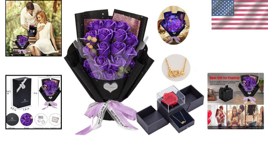 Artificial Purple Roses with Gift Box & Necklace - Perfect Mother's Day Gift