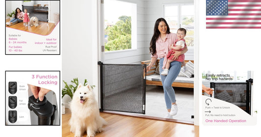 33" Tall Retractable Gate - Perfect for Pets & Infants, 3-Way Locking System