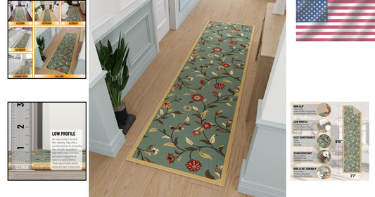 Elegant 2'7" x 9'10" Floral Runner Rug with Non-Slip Backing - Seafoam Green