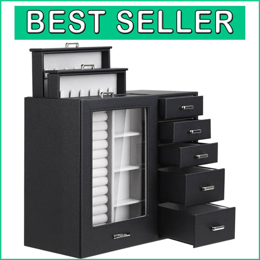 Elegant Large Jewelry Box Organizer with Glass Window & Velvet Lining - 5.4x10.8