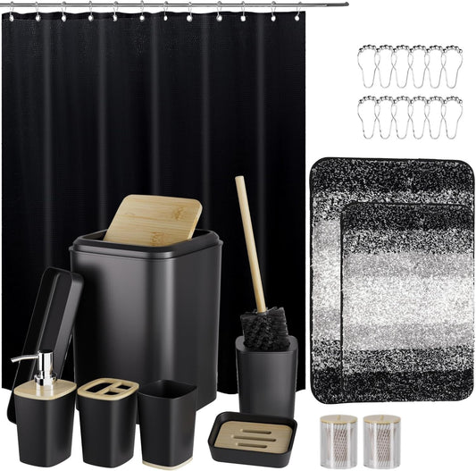 24-Piece Luxury Bathroom Set with Waterproof Shower Curtain & Rugs - Black/White