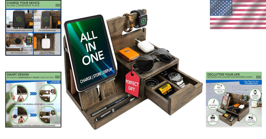 Elegant Rustic Gray Nightstand Organizer - Functional Dock for Phone & Wallet