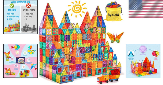 138PCS Magnetic Building Tiles with 2 Cars - STEM Educational Toy for Ages 3-9