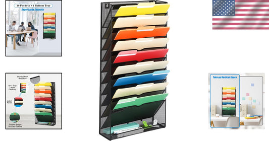 10-Tier Wall File Organizer: Sleek Metal Hanging Rack for Home Office Style