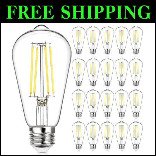 E26 Base 20-Pack Dimmable Vintage LED Bulbs - 6W 850 Lumens Daylight White Light