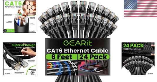 Premium 6 Feet Cat 6 Ethernet Cables, 10Gbps, 24-Pack, Perfect for Home & Office