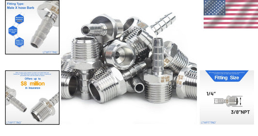 316 Stainless Steel Barb Fitting Coupler 1/4" ID x 3/8" Male NPT - Pack of 25