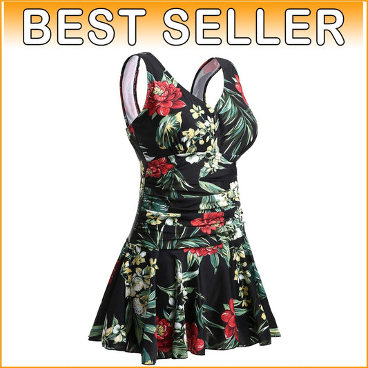 Elegant Plus-Size Tummy Control Swim Dress with Flower Print - Sizes 16-18