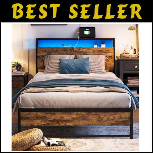 Heavy-Duty Twin Bed Frame with Stylish Ergonomic Headboard & Under-Bed Storage
