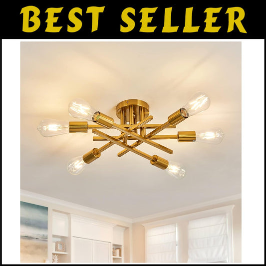 Modern Vintage 6-Light Gold Semi Flush Mount Chandelier – Cozy Atmosphere