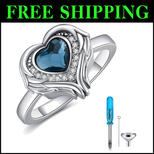925 Sterling Silver Heart Urn Ring with Blue Crystals - Keepsake for Loved Ones