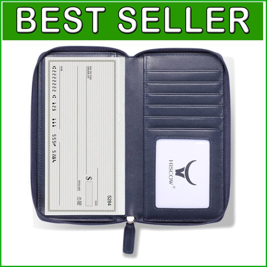 Italian Calfskin Zippered Checkbook Cover with Divider & Card Slots - Dark Blue